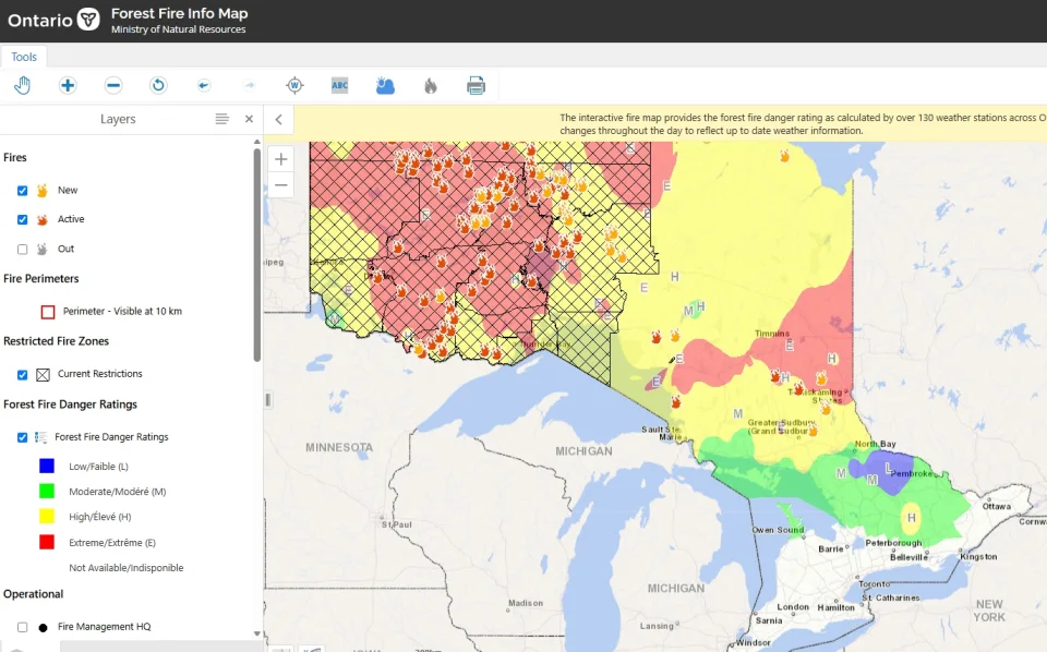 Ontario Forest Fire Info Map Ontario Forest Fire Info Map Track active fires, forest fire danger ratings, and restricted fire zones.
